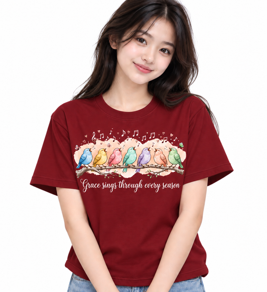 Grace Sings Graphic T-Shirt – Colorful Birds & Music Tee | MARS MASH