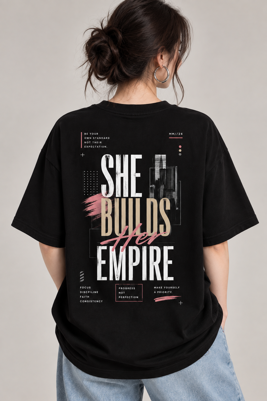 Women’s She Builds Empire Oversized T-Shirt | Motivational Back Print Tee | Mars Mash
