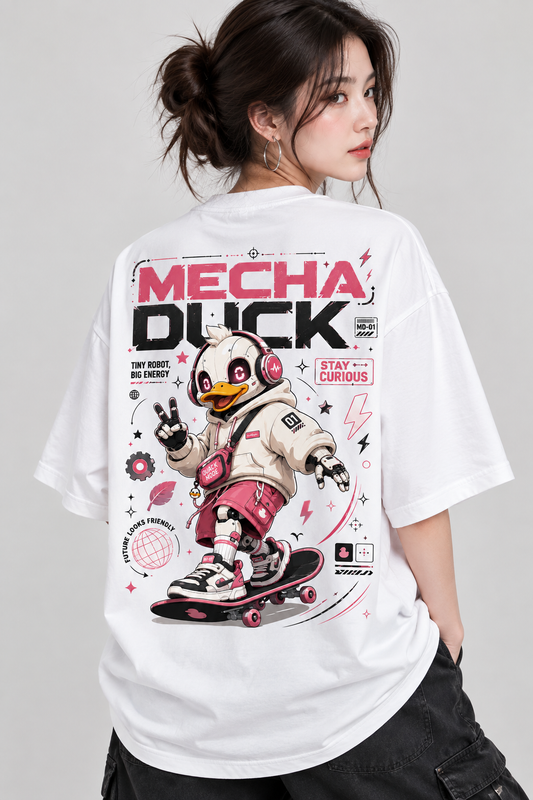 Women’s Mecha Duck Oversized T-Shirt | Futuristic Skateboard Graphic Tee | Mars Mash
