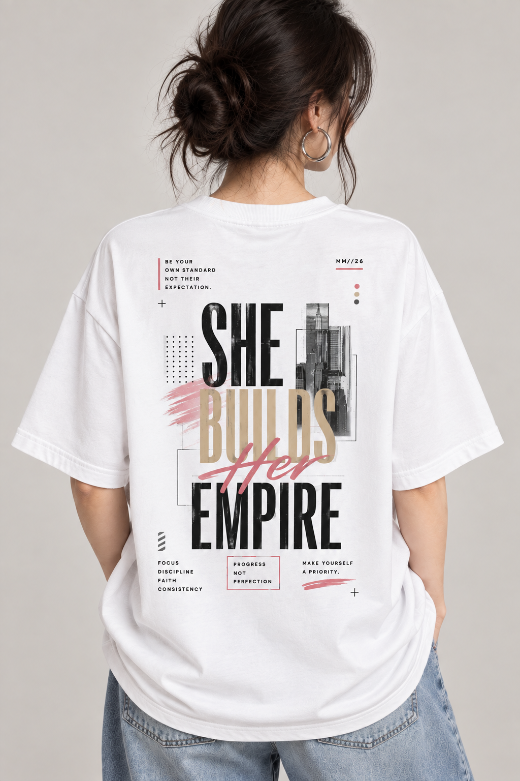 Women’s She Builds Empire Oversized T-Shirt | Motivational Back Print Tee | Mars Mash