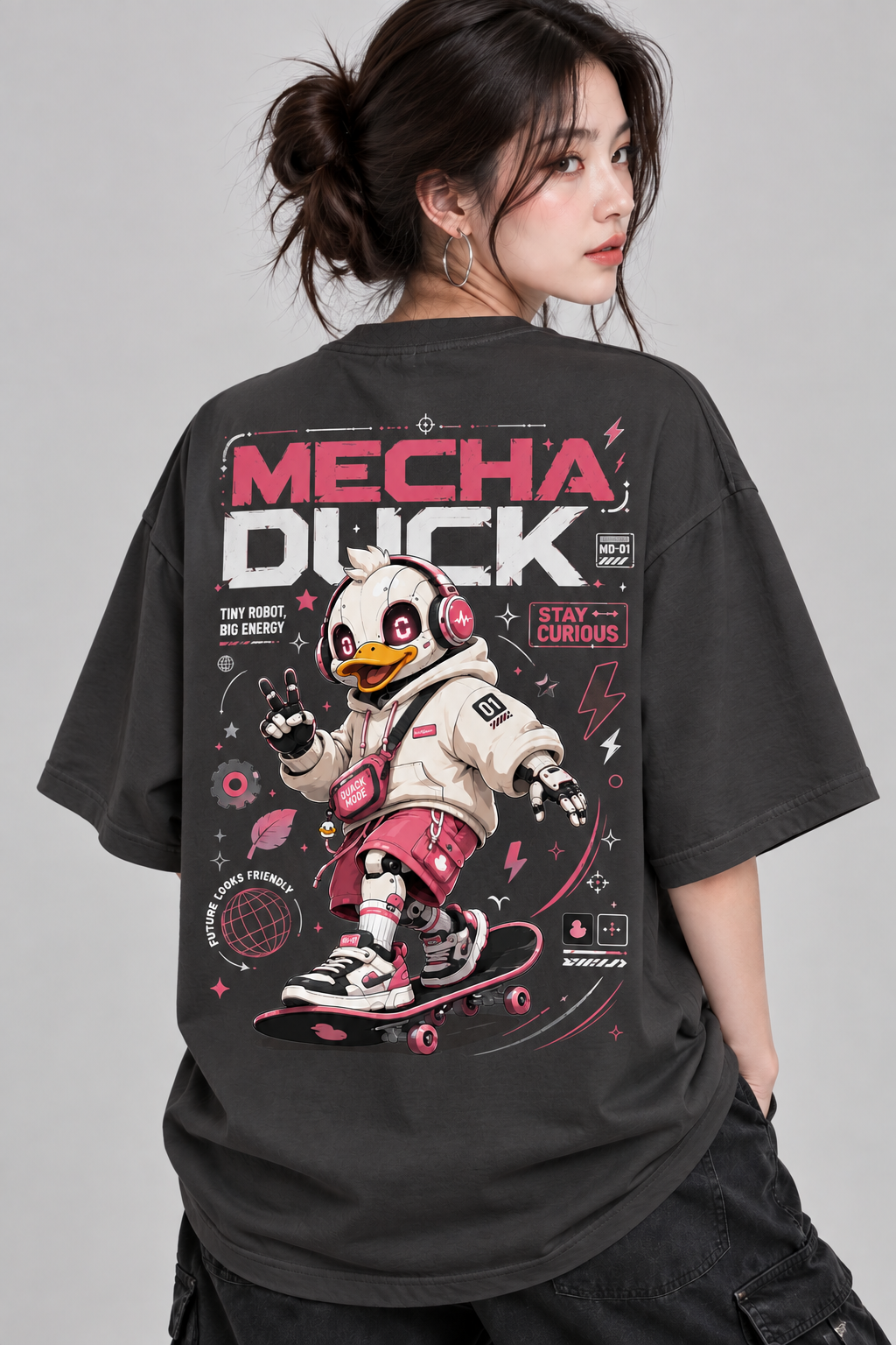 Women’s Mecha Duck Oversized T-Shirt | Futuristic Skateboard Graphic Tee | Mars Mash