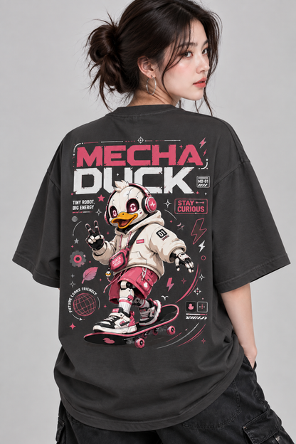 Women’s Mecha Duck Oversized T-Shirt | Futuristic Skateboard Graphic Tee | Mars Mash