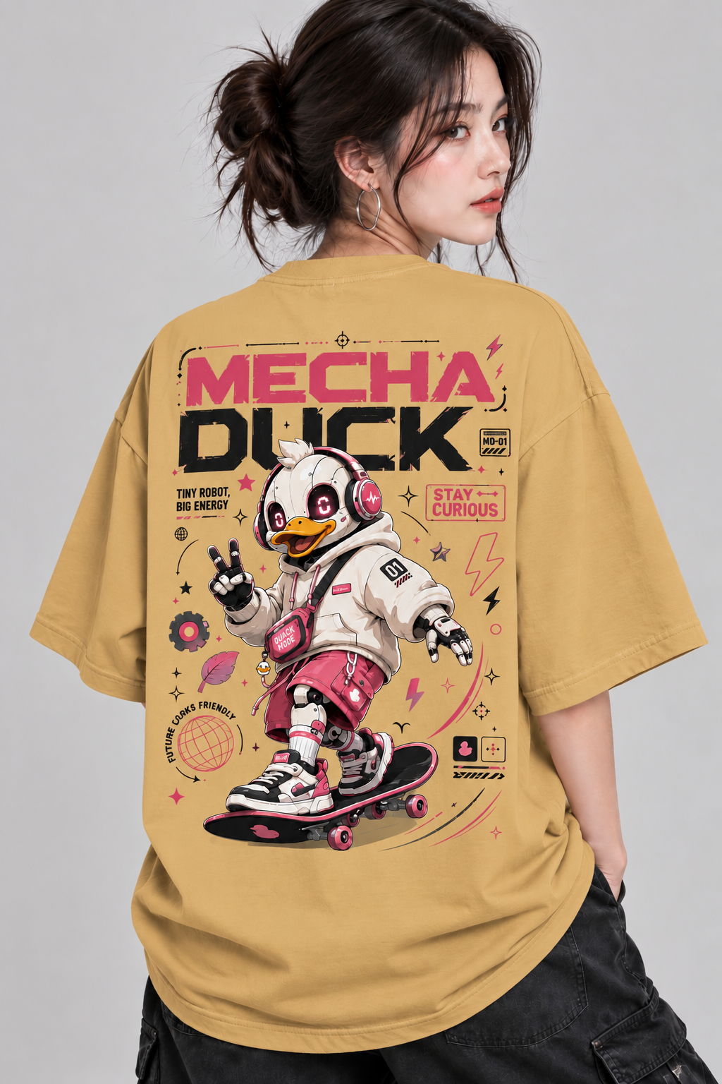 Women’s Mecha Duck Oversized T-Shirt | Futuristic Skateboard Graphic Tee | Mars Mash