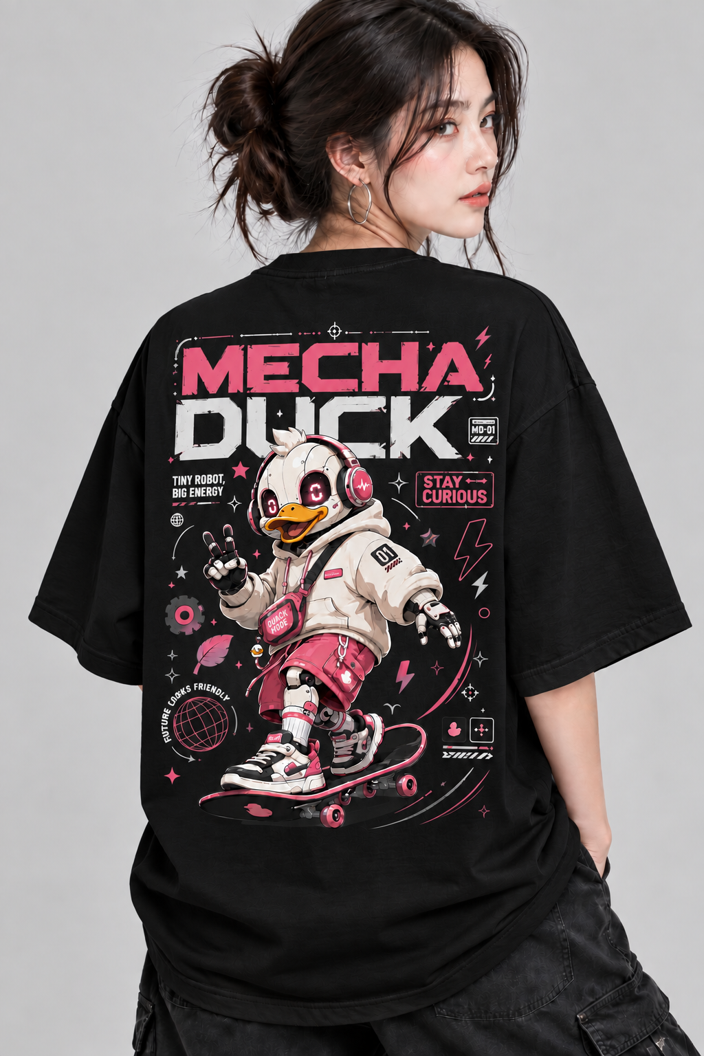 Women’s Mecha Duck Oversized T-Shirt | Futuristic Skateboard Graphic Tee | Mars Mash
