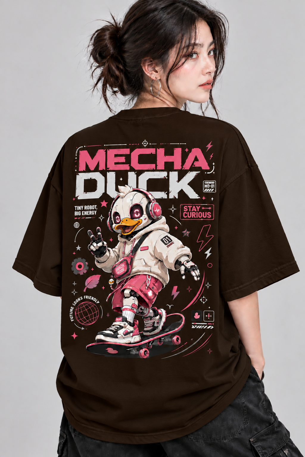 Women’s Mecha Duck Oversized T-Shirt | Futuristic Skateboard Graphic Tee | Mars Mash