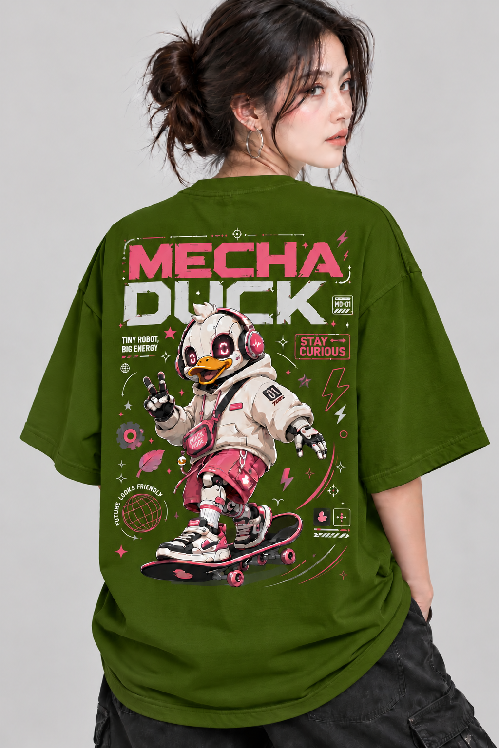 Women’s Mecha Duck Oversized T-Shirt | Futuristic Skateboard Graphic Tee | Mars Mash