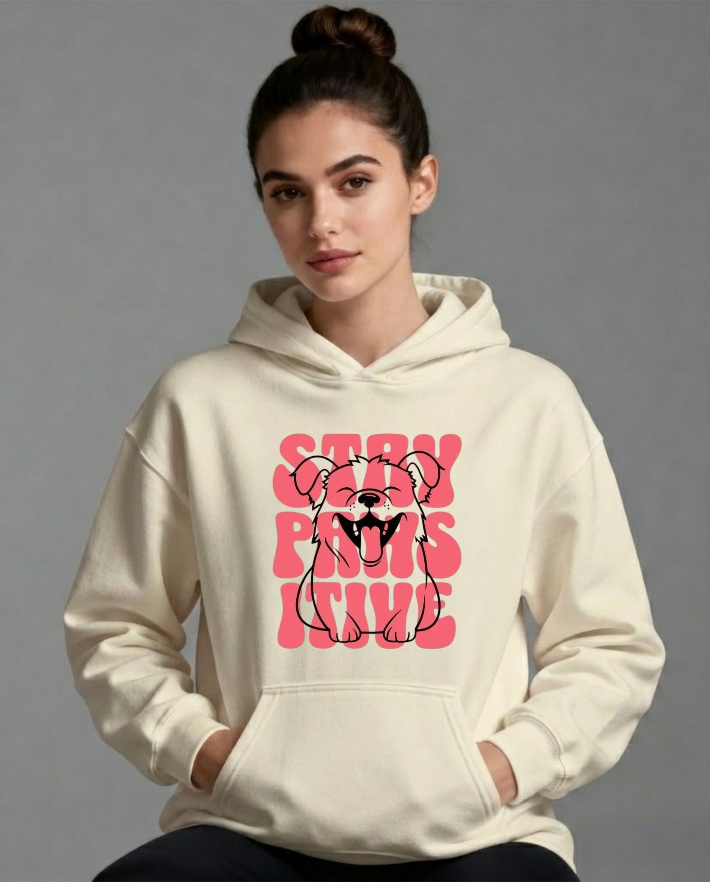 Stay Pawsitive Front Print Hoodie for Women | 350 GSM | Cute Dog Graphic Hoodie | Premium Casual Wear