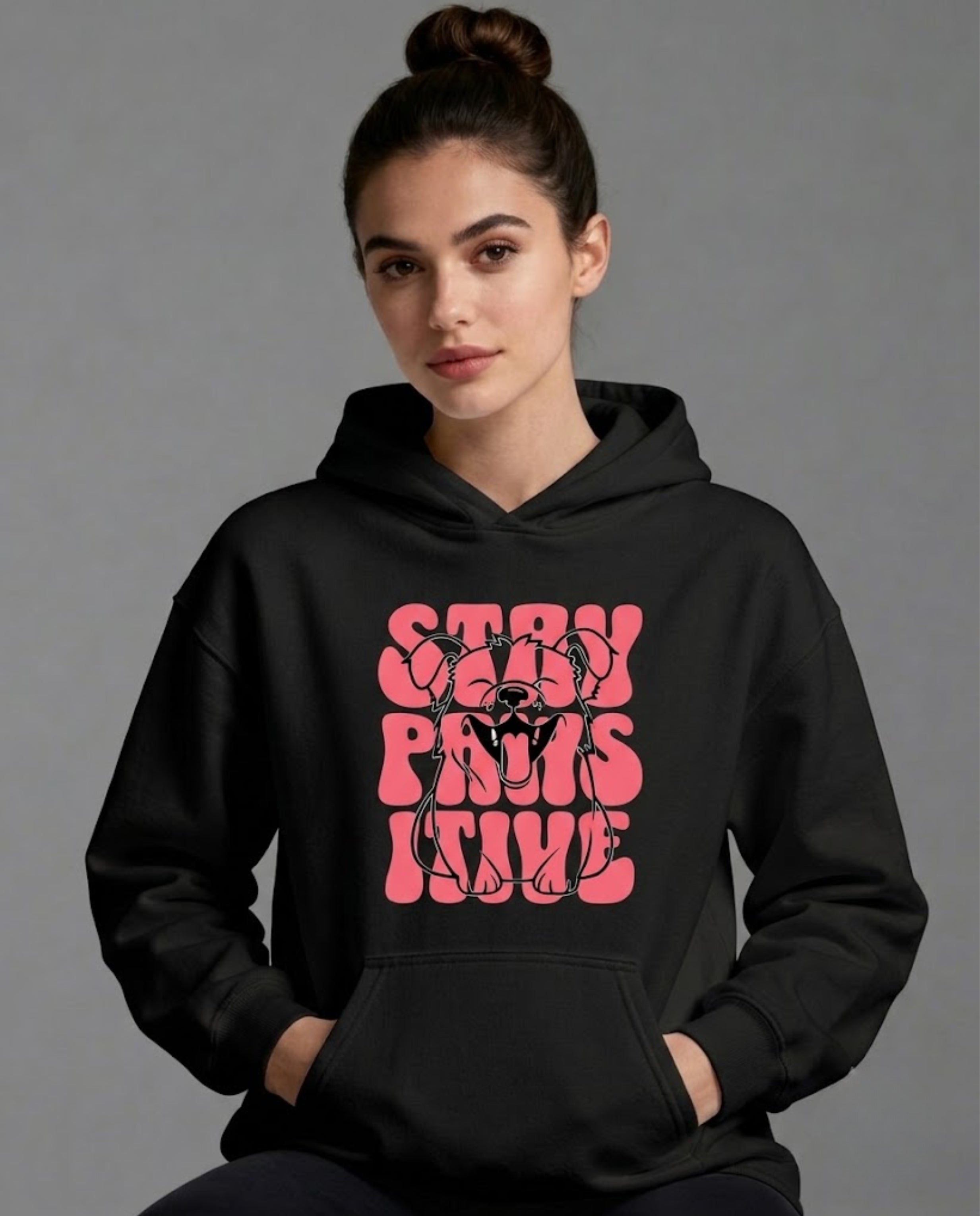 Stay Pawsitive Front Print Hoodie for Women | 350 GSM | Cute Dog Graphic Hoodie | Premium Casual Wear