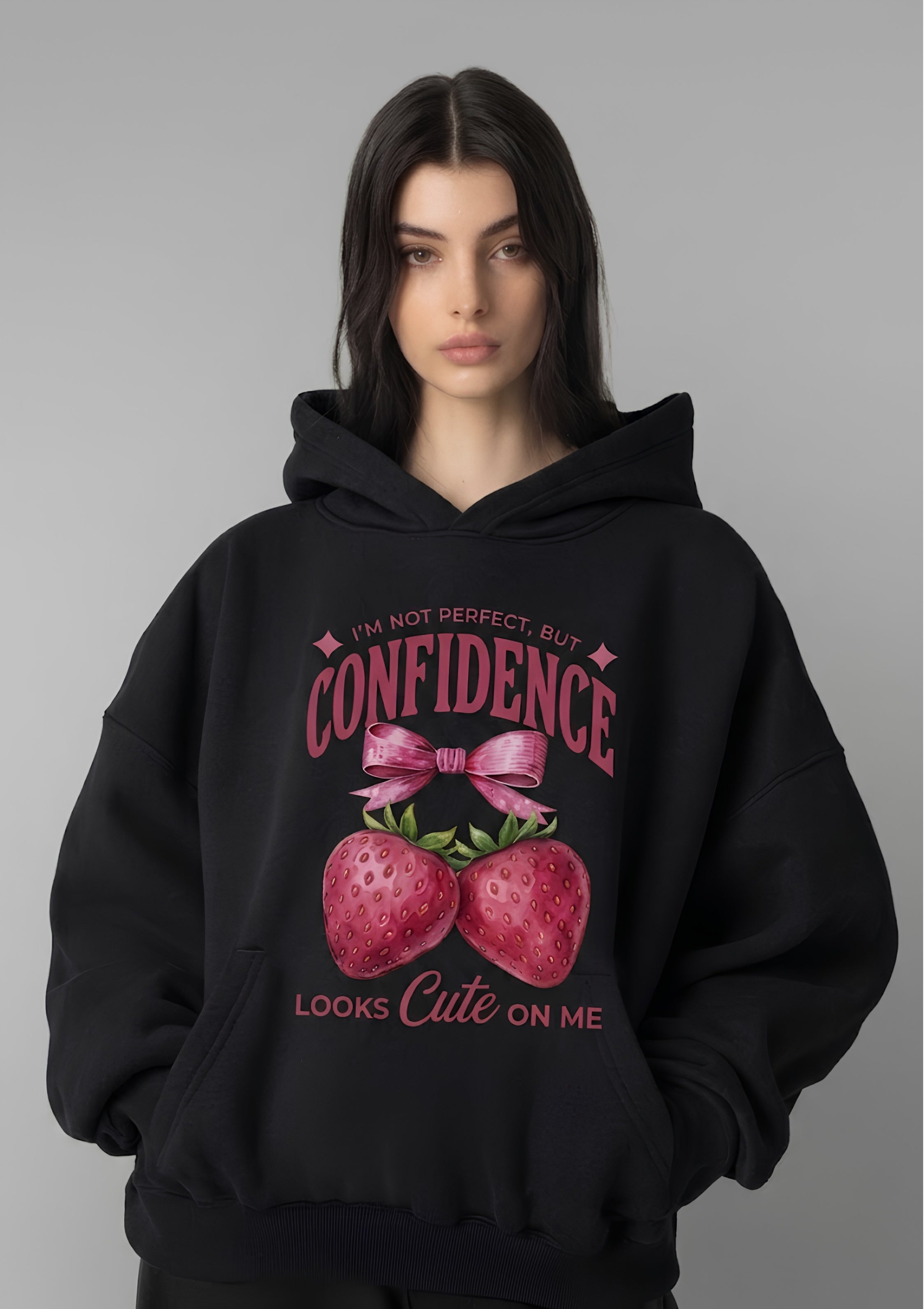 Confidence Strawberry Graphic Printed Hoodie for Women | 350 GSM | Premium Comfort | Casual Streetwear