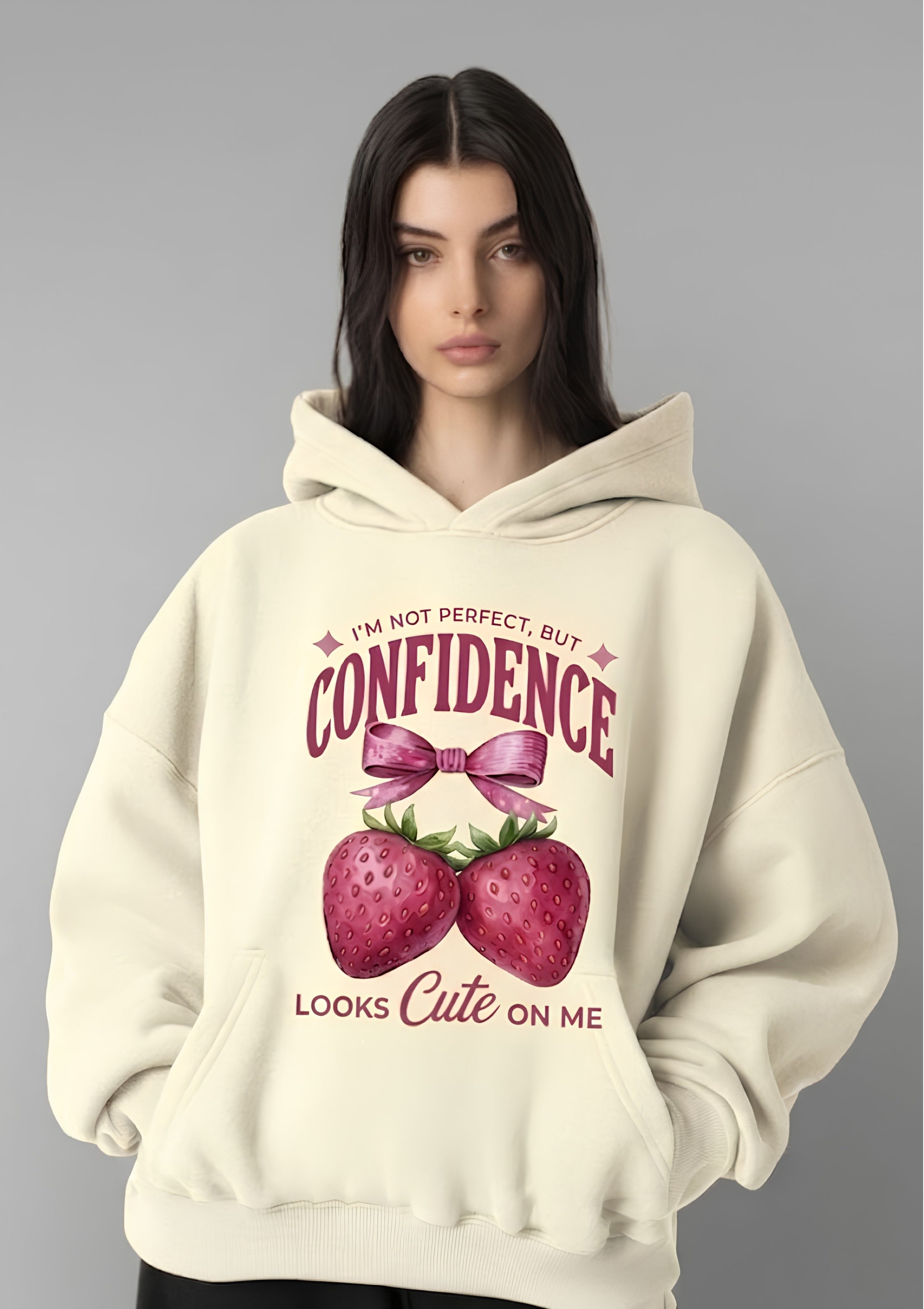 Confidence Strawberry Graphic Printed Hoodie for Women | 350 GSM | Premium Comfort | Casual Streetwear